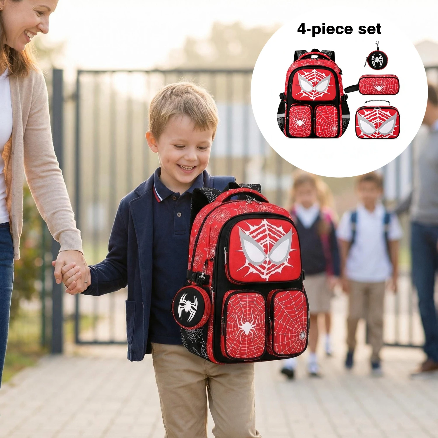 

4-piece set Kids School Backpack, Fashion Luminous Design with Lunch Bag Pencil Case Mini Coin Purse Lightweight