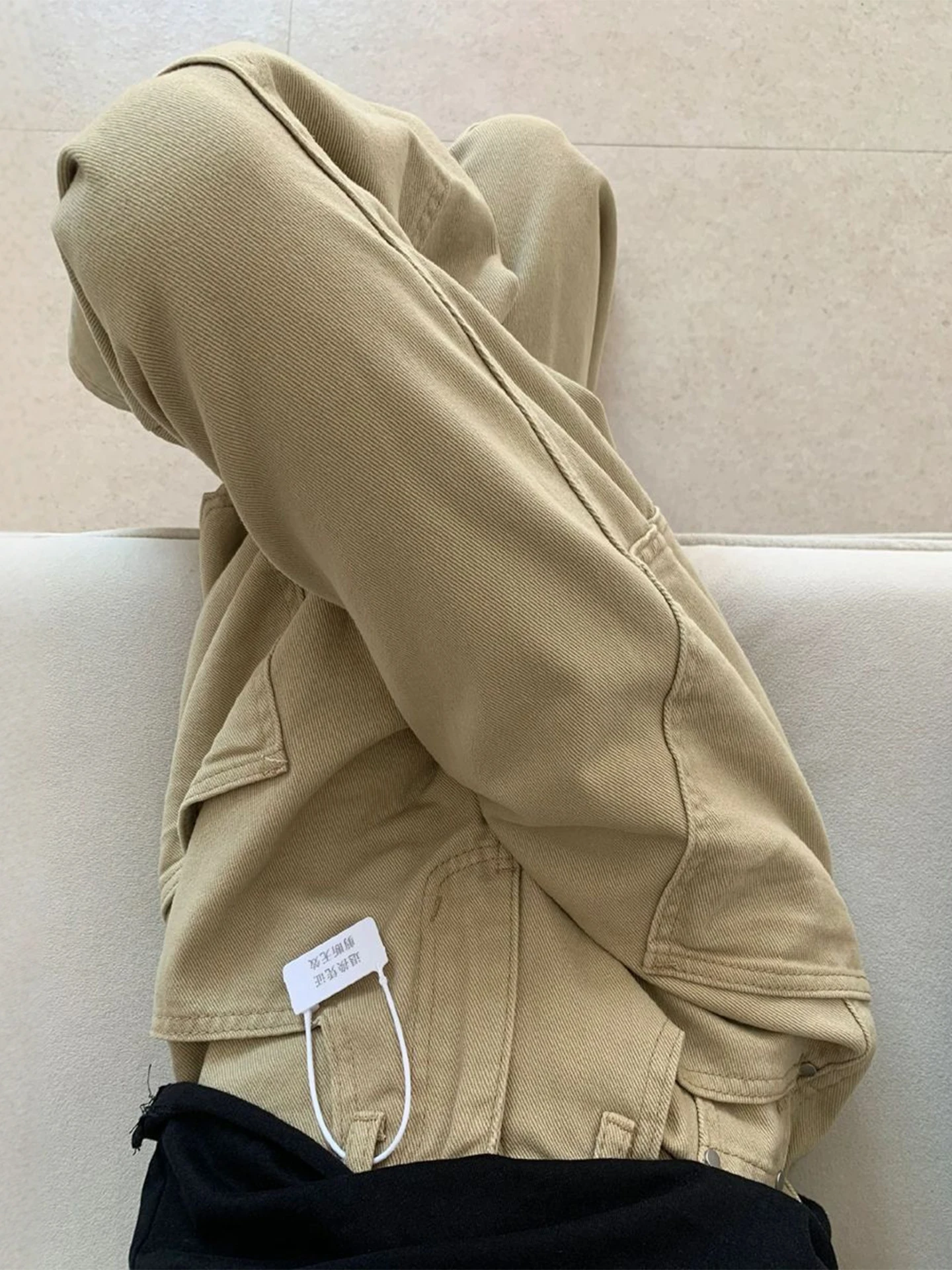 جينز كاكي واسع الساق للنساء سكين ريترو أمريكي غير رسمي ملابس عمل بنطلون عالي الخصر من قماش الدنيم