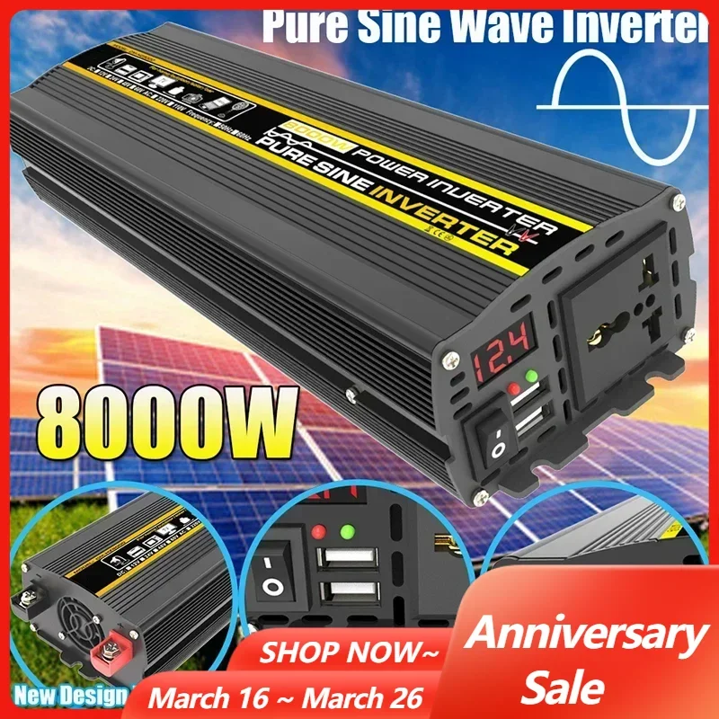 8000W 6000W 4000W 3000W Pure Sine Wave Inverter 12V 220V Voltage Convert Transformer for Home Car Use with Dual USB Output