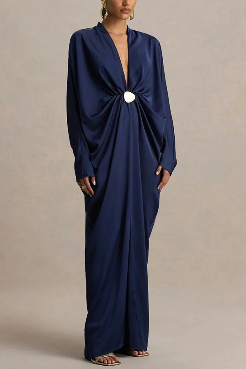 Elegantes Satin-Gastkleid für Damen mit Tiefem V-Ausschnitt, Fledermausärmeln, Gerafftem Design, Loser Passform, Party-Kaftan, Abendkleid, Maxikleid – Detail 9