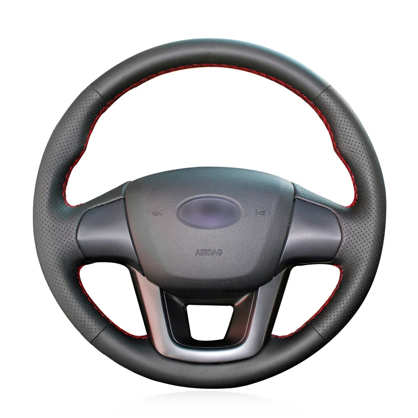 Hand-Stitched Non-slip Durable Black Leather Steering Wheel Cover Wrap for Kia K2 Kia Rio 2011 2012 2013 Interior Accessories