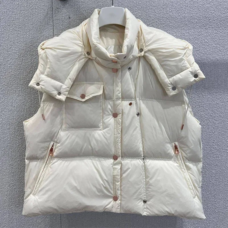 

High quality Light Weight Waistcoat Warm Sleeveless Jacket Plus Size Winter Woman Duck Down Puffer Vest Wearing a hat 2583008