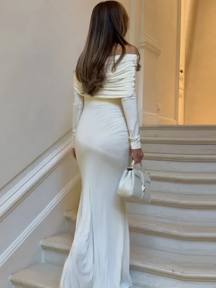Chaxiaoa ombro inclinado manga longa sexy maxi vestido feminino outono moda sem alças cintura alta ruched bodycon clube vestido longo