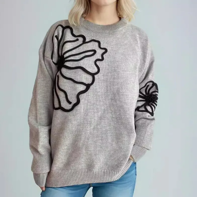 Autumn and Winter New Embroidered Large Flowers Knit Jumper Jumper Round Neck Casual Three-dimensional Flowers Jumper Women