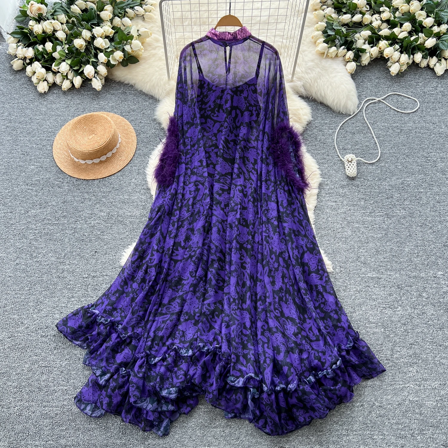 

Clothland Women Retro Chiffon Two Piece Dress Feather Spliced Wide Sleeve With Lining Ruffle Female Dresses Suits QE024