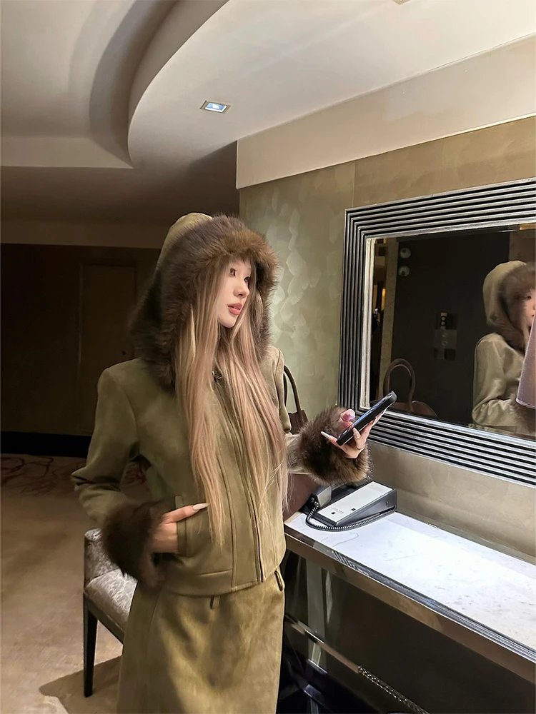 Manteau court rétro pour femme en cuir et fourrure synthétique avec col en suède, taille régulière, vêtement d'extérieur d'automne