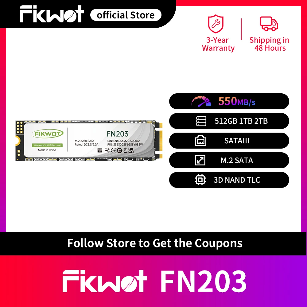 

Fikwot FN203 M.2 SSD SATA III NGFF 256 ГБ 512 ГБ 1 ТБ 6 Гбит/с 550 МБ/с 3D NAND Внутренний твердотельный накопитель для ноутбуков, настольных ПК