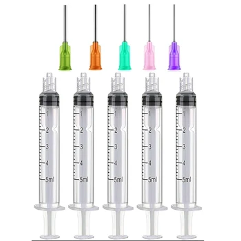 5 pz 14G 15G 18G 20G 21G Per Colla Olio Inchiostro Siringa Crimp Sigillato-Blunt Punte degli Aghi 5 ml Capacità Siringhe di Plastica Trasparente
