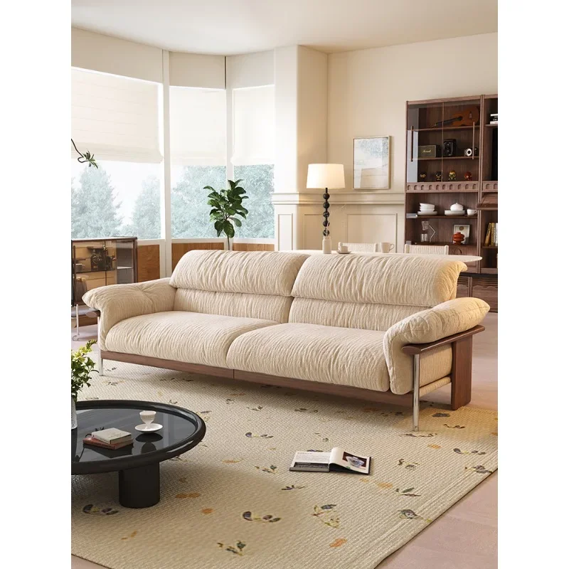 Antique Straight Row Walnut Solid Wood Sofa with Chenille Removable Fabric for Living Room