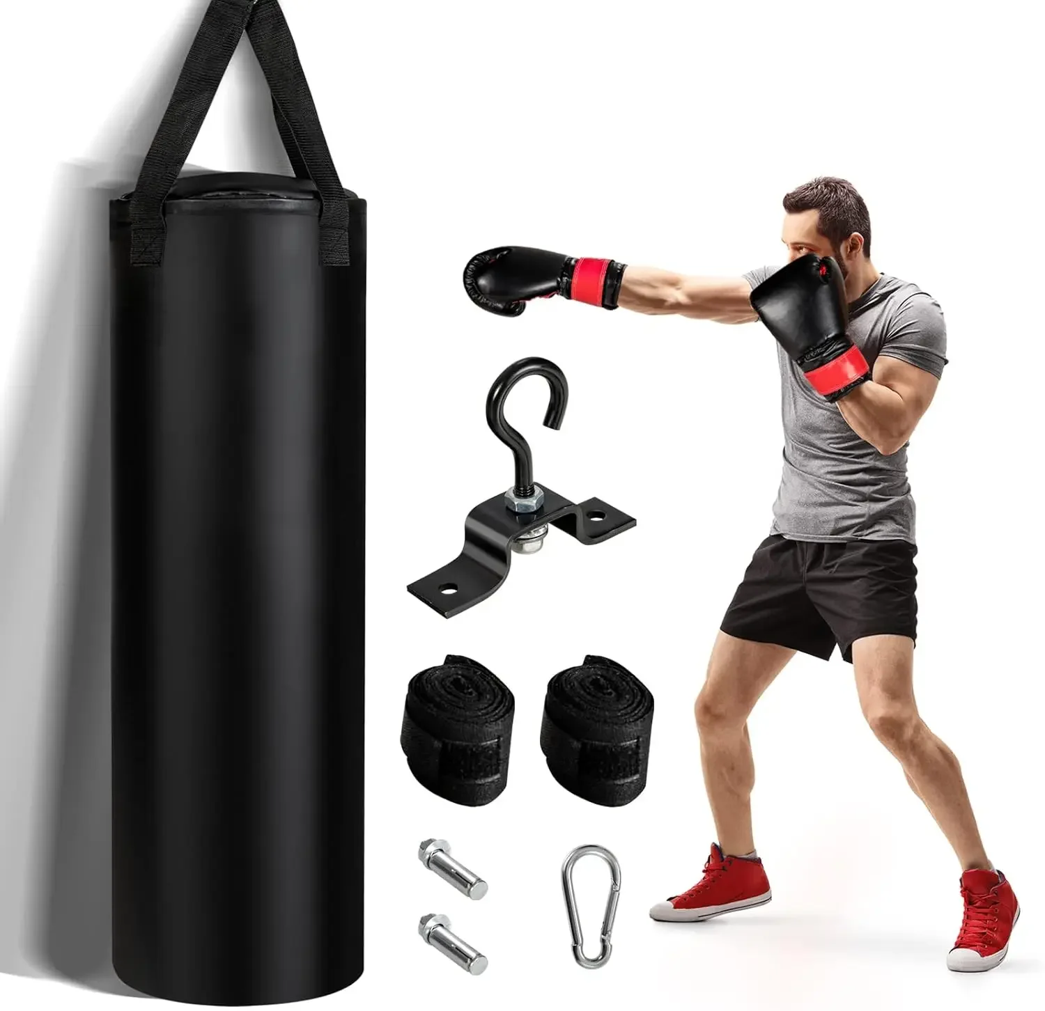 Punching Bag, Pre Filled 64lbs Heavy Boxing Bag Set with 12OZ Punching Gloves & Two 95