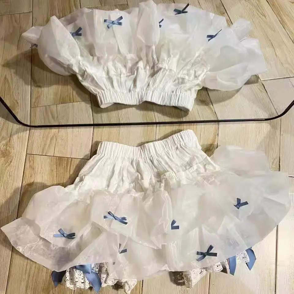 

Многослойные прозрачные брюки-фонарики 2025 года со светло-голубой кружевной нижней юбкой с бантом, милый винтажный стиль LOL, пышные розовые и белые