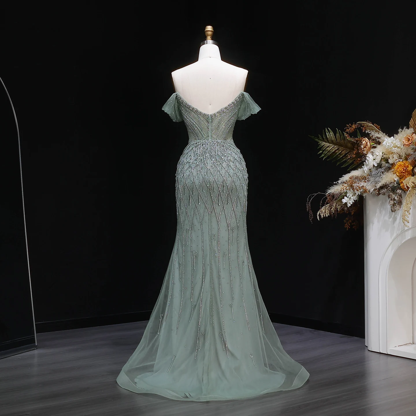 Sharon Said Atemberaubendes schulterfreies, rosafarbenes, mit Perlen besetztes Meerjungfrauen-Abendkleid mit Herzausschnitt, luxuriöses Dubai-Hochzeits- und Abschlussballkleid SS003, maßgeschneidert – Detail 13