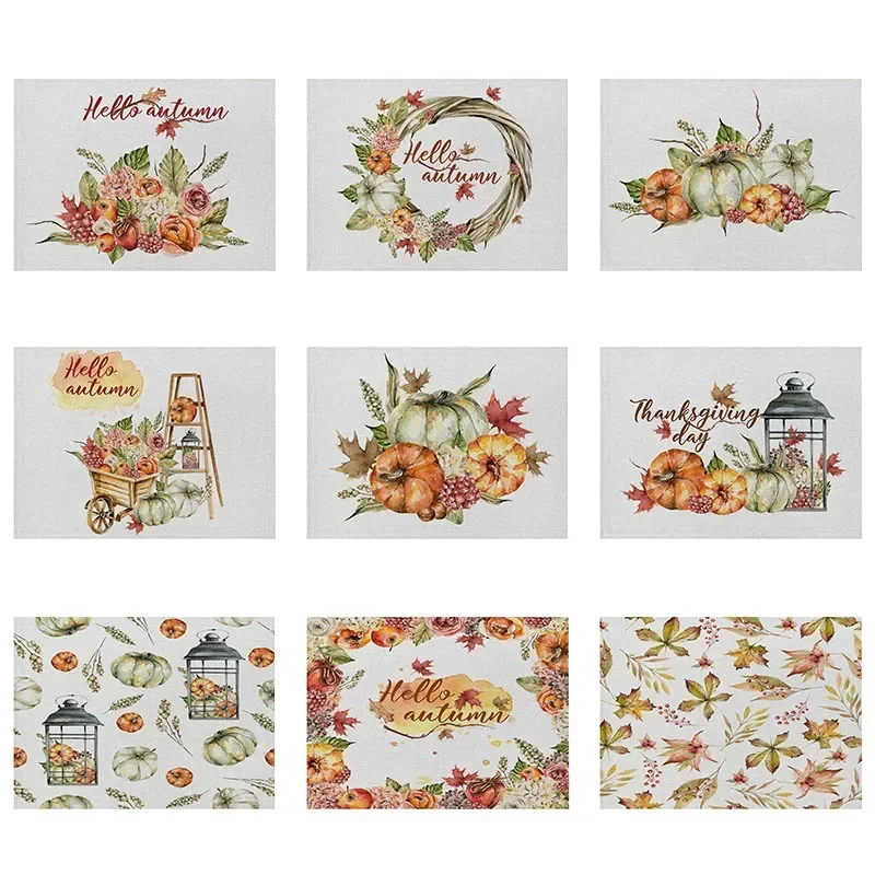 Autumn Pumpkins Maple Leaf Decoration Kitchen Placemat Plant Printing Table Mat 45*32 Linen Waterproof Western  Coasters