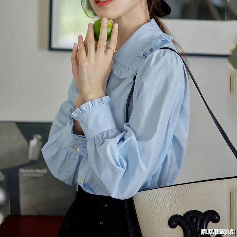 Ruffles Cute Cotton Peter Pan Collar Tops Blouses New Design 2023 Summer Women Chic Korea Casual Japan Girls Basic Blue Shirts