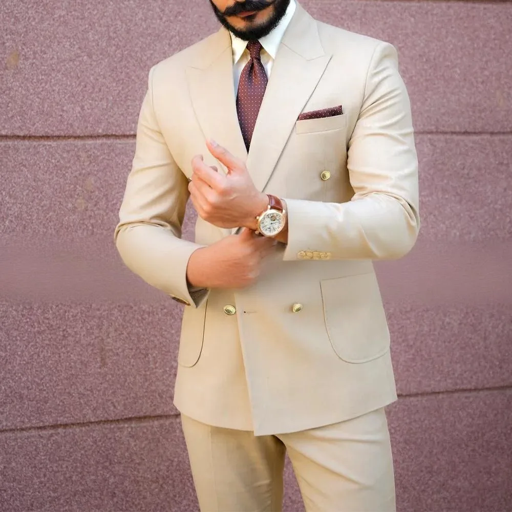 

Men's Slim Fit 2 Piece Beige Suit Gold Button Business Formal