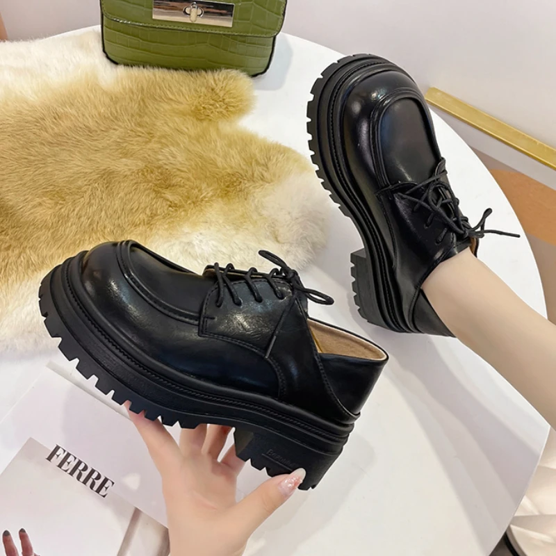 

Women's single shoes autumn new leather thick soled round head lace-up loafers fashion simple generous increase Mary Jane shoes