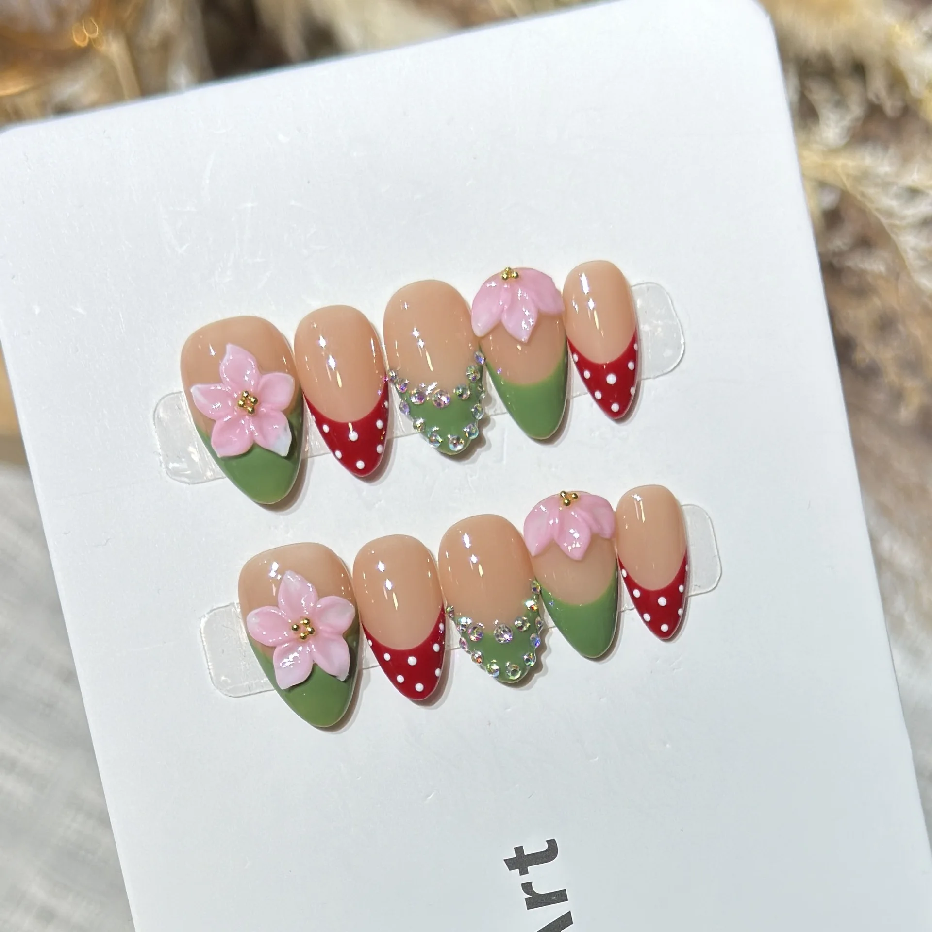 

10PCS Luxury Almond False Nails Retro Hand-drawnr Polka Dot 3D Flowers French Press on Nails Full Cover Detachable Manicure