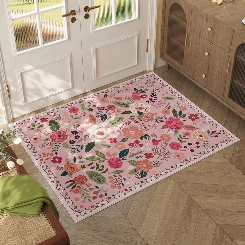 VIKAMA Boho Pink Floral Floor Rug Vintage Multi Color Flower Vine Border Design Waterproof Kitchen Front Door Decor Mat