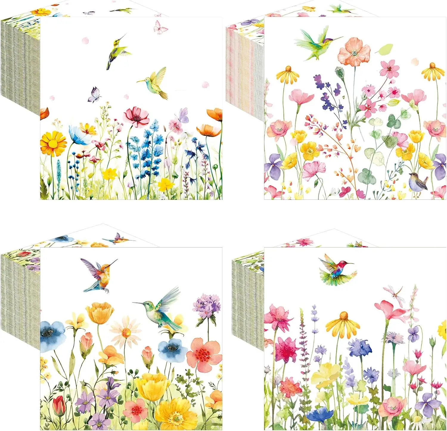 

200 Spring Wildflower Cocktail Napkins Disposable Floral Paper Napkins Decorative Hummingbird Beverage Towel for Party Supplies