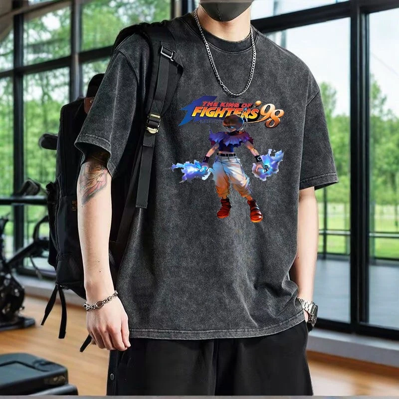 

American Retro Washed and Old Short-sleeved T-shirt King of Fighters 98 Arcade Men's Summer Trendy Brand Casual Pure Cotton Top
