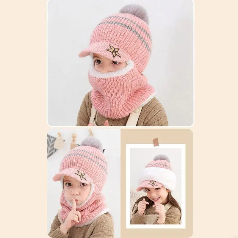 

95AE Hooded Hat For Toddler Fleece Lined Beanie With Pom Poms Snow Hat Toddler Boy