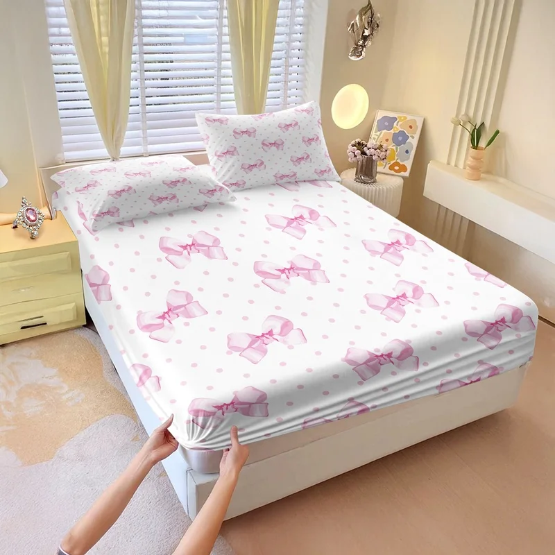 3Pcs Fitted Sheet Set,Trendy Bow Polka Dot Print,Elastic Deep Pocket Bedding,Skin-Friendly Machine Washable,Cute Bedroom Decor