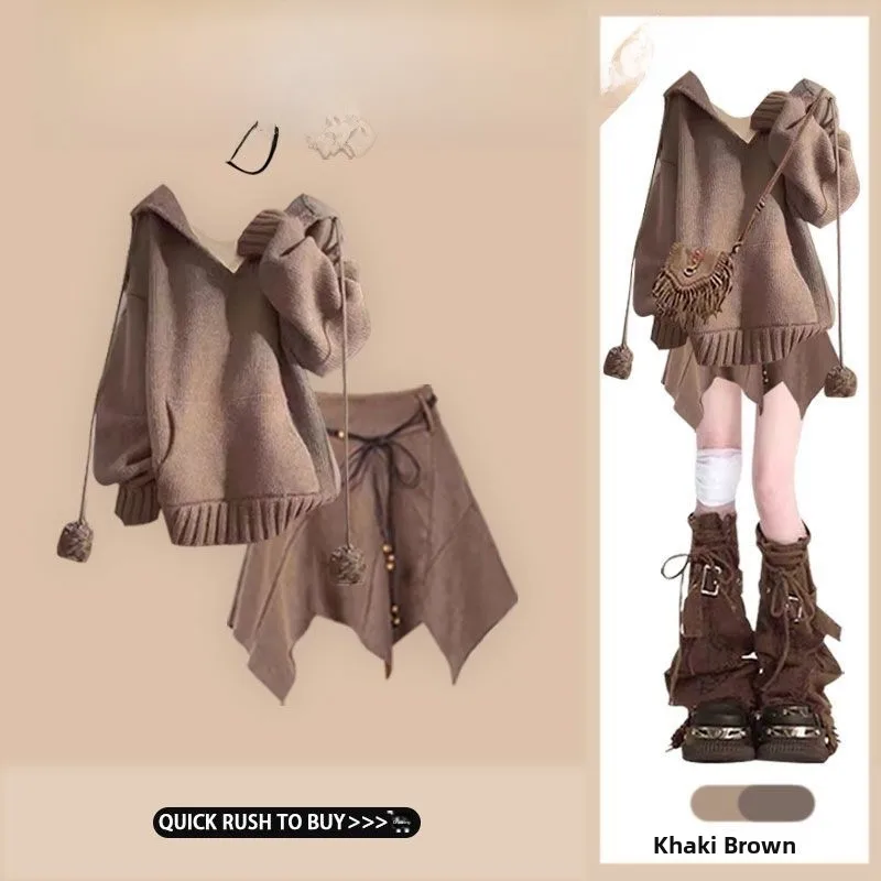 

Осень-зима, новый женский свитер в стиле ретро, Гонконг, юбка с высокой талией, комплект из двух предметов, комплект Design Sense Clete