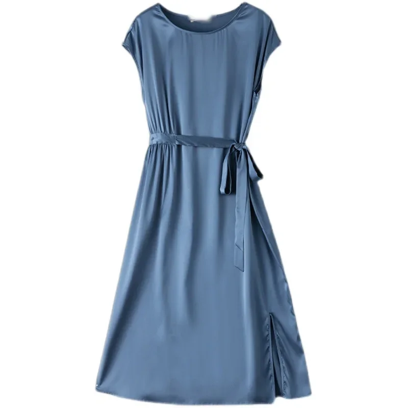 

Elegant Pure Silk Dress for Women, O-Neck, Sleeveless, Waist Shirring, Lace Up, Solid Bodycon, Mulberry Silk, Crepe Satin