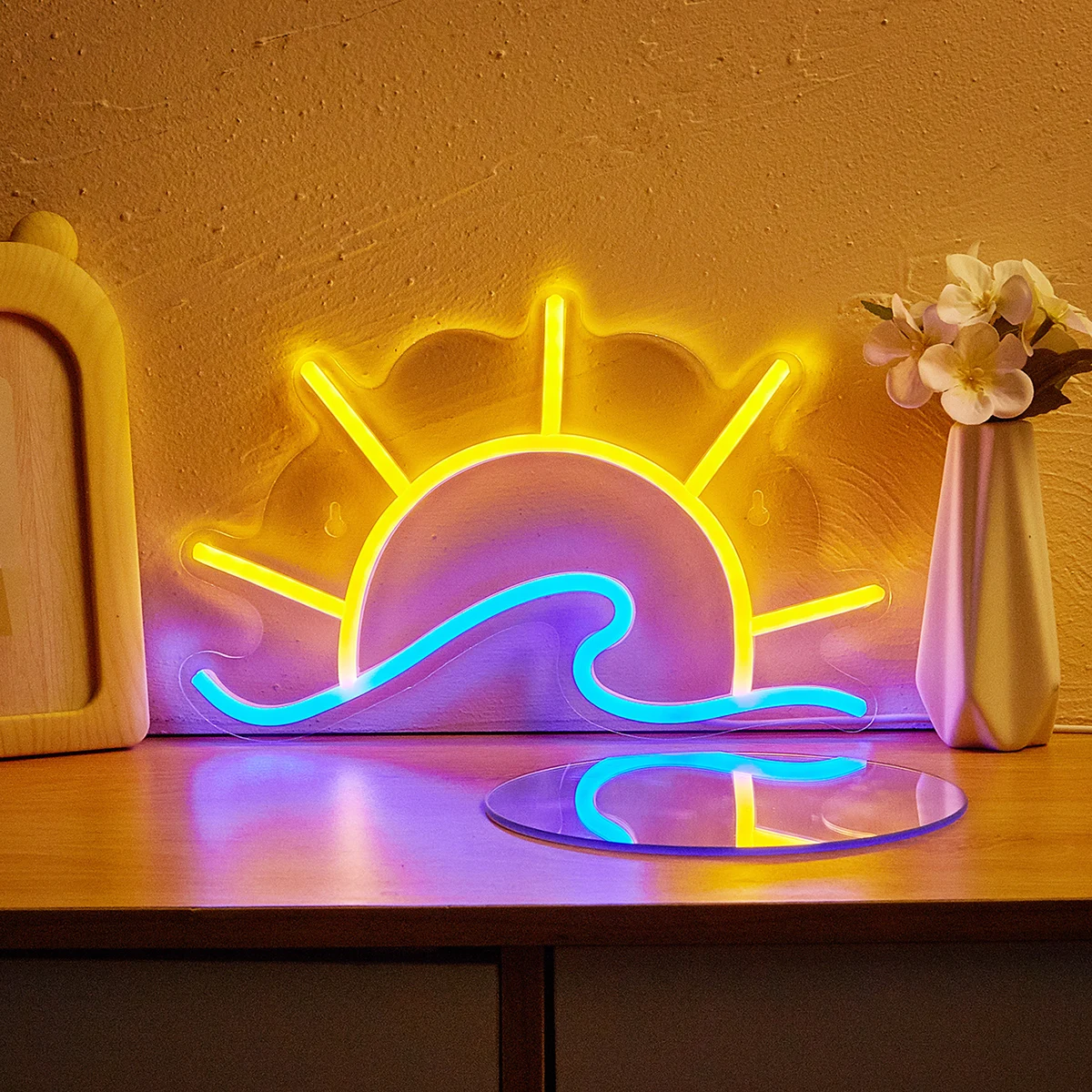 Chi-buy LED Neon Sun+Wave USB Powered Neon Signs Night Light 3D Wall Art & Game Room Bedroom Living Room Decor Lamp Signs