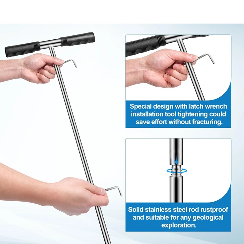 Solid Stainless Steel Soil Probe Rod, Adjustable 17-32-48 Inch, Septic Tank Probe Rod, Ground Probe with T-Handle-ABLL