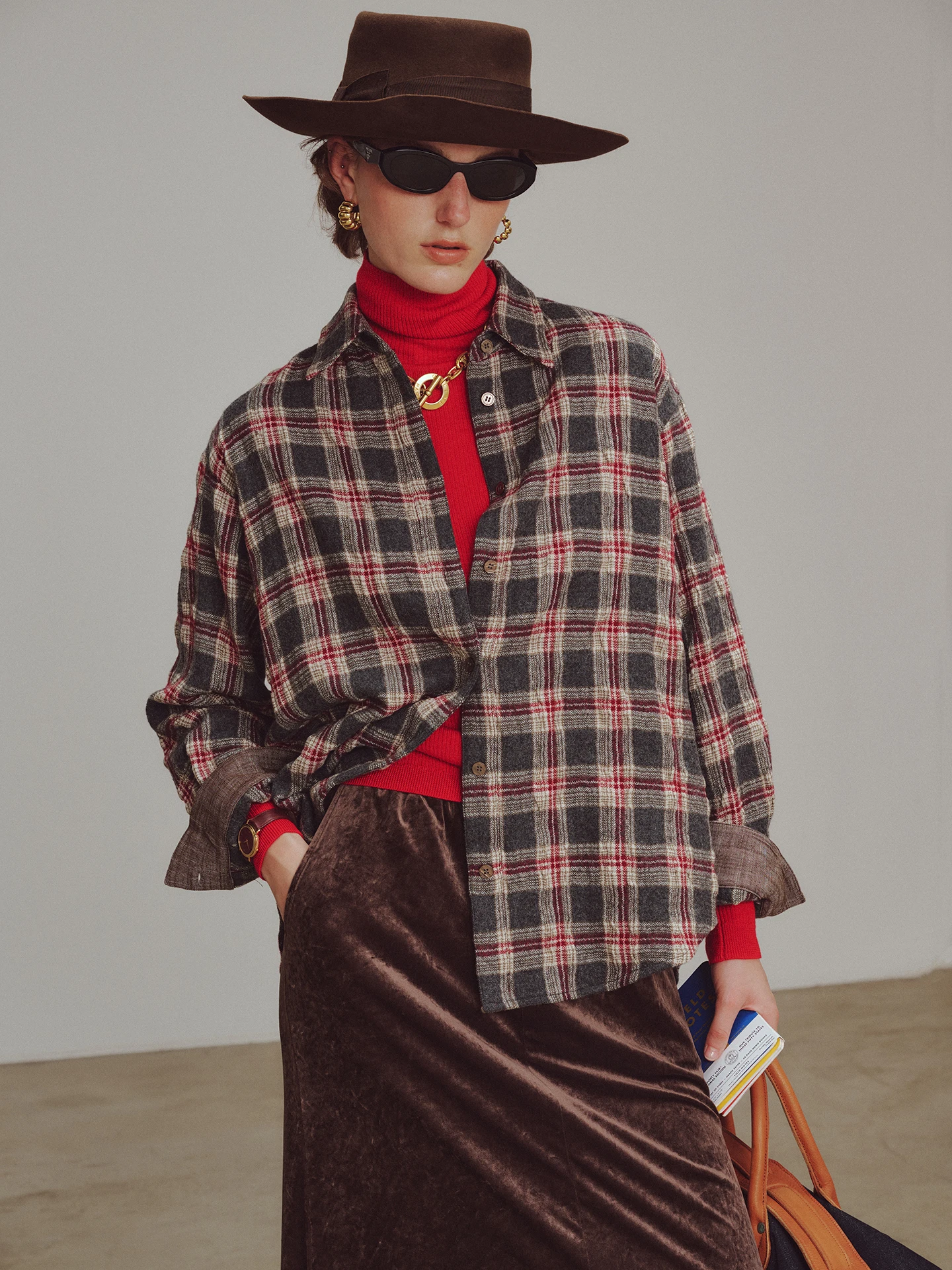 

Vintage Soft Comfortable Long Sve Woolen irt Hollow Yarn Airy Feel i Tartan Weave Loose Fit Button up Women's Car...