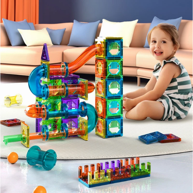 

Magnetic Sheet Building Block Designer Magnet Maze Race Run Ball Marble Track Funnel Slide Brick Education DIY Toys For Children