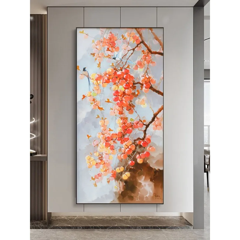 Living room persimmon hand-painted oil painting, corridor and aisle murals, vertical version, everything goes well