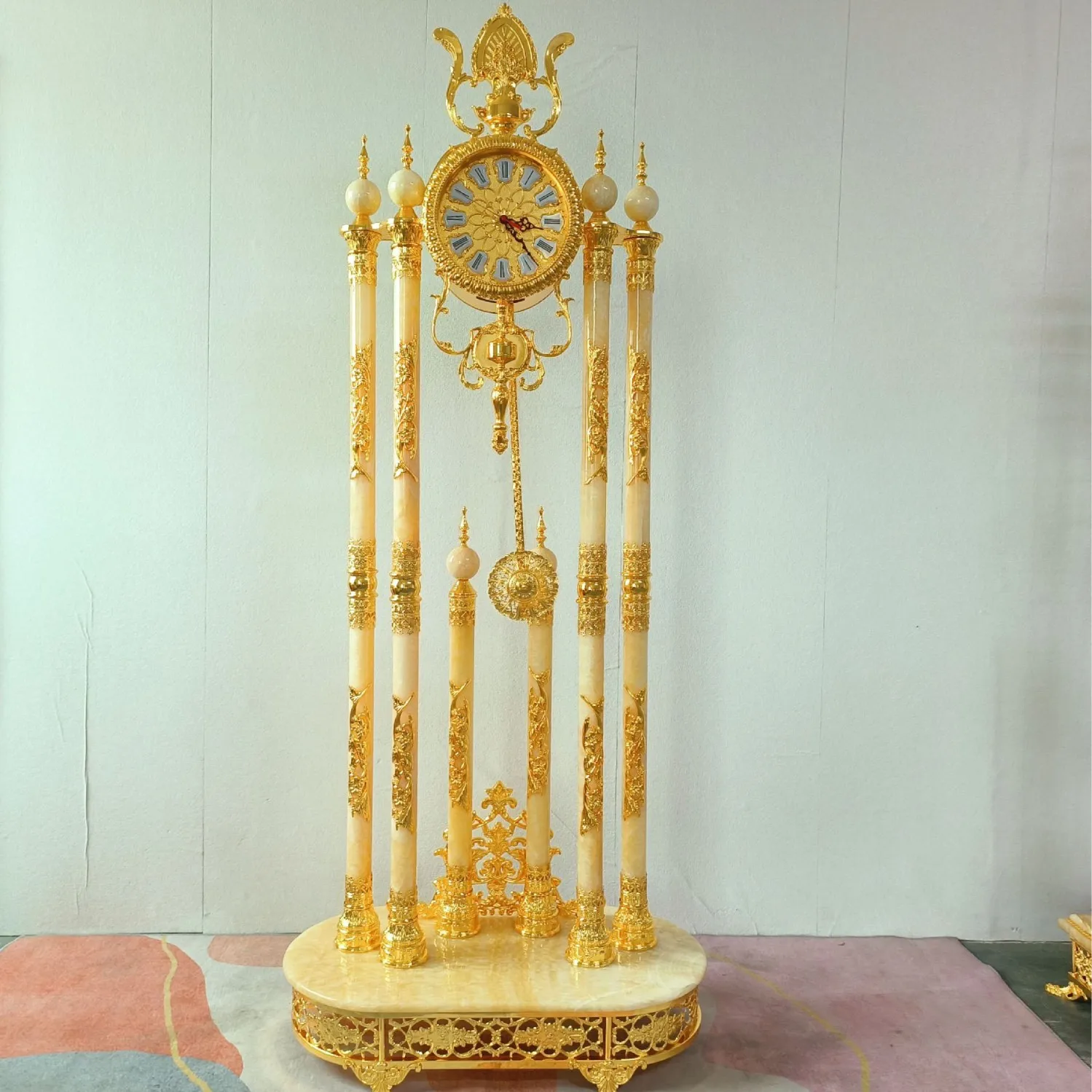

European style, living room, floor clock, home, Huanglong jade stone, all copper, high-end.