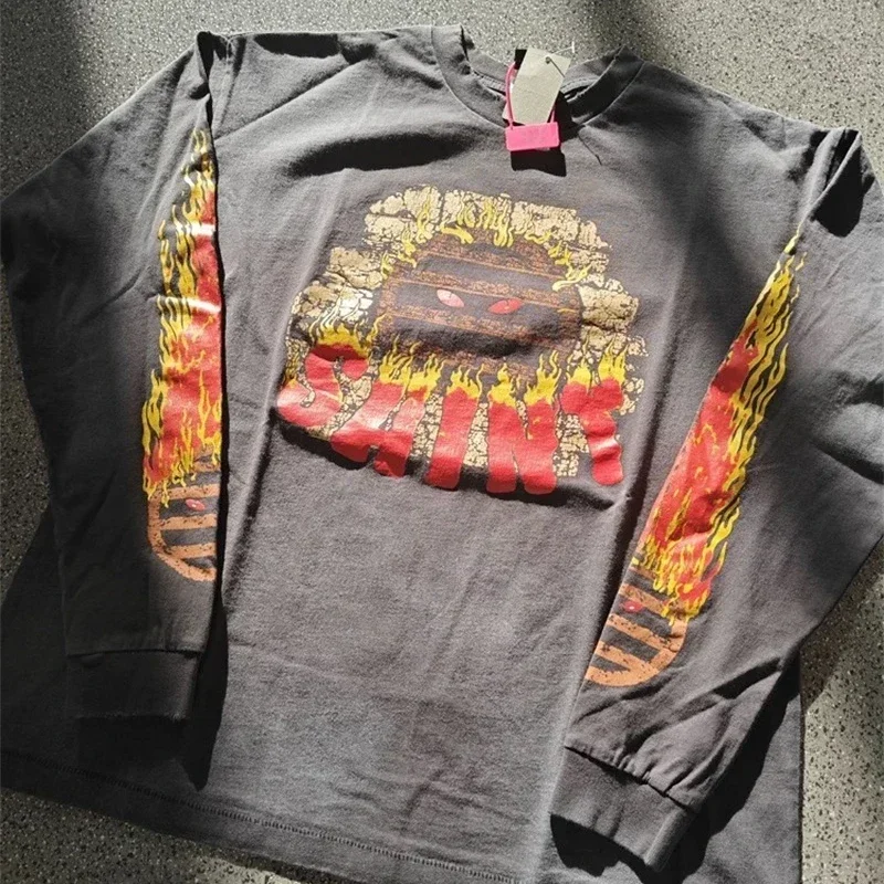 

25SS Pure Cotton Saint Michael oversized Hoodie Men Women 1:1 Washed Black Flame Pattern Long Sleeves