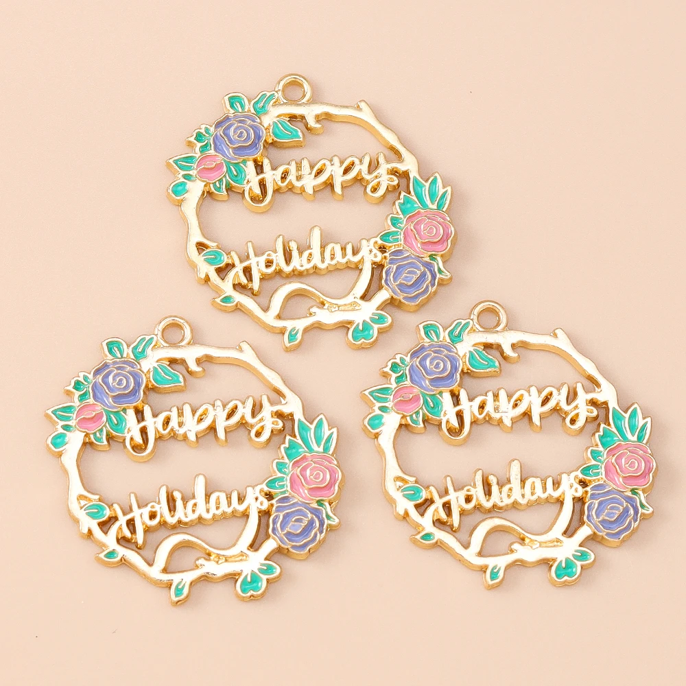 Leslie 10 Stück goldfarbene Blumen-Rosen-Anhänger „Happy Holiday“ für DIY-Anhänger, Armbänder, Halsketten, handgefertigte Schmuckherstellung – Detail 6