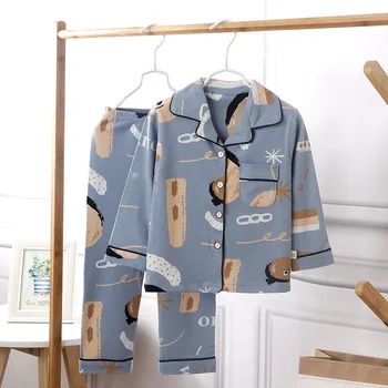 Children's Spring Soft Cotton Pajamas Set Boys Girls Cute Cartoon Print Long Sleeve Lapel Sleepwear Baby Casual Loose Nightwear 4