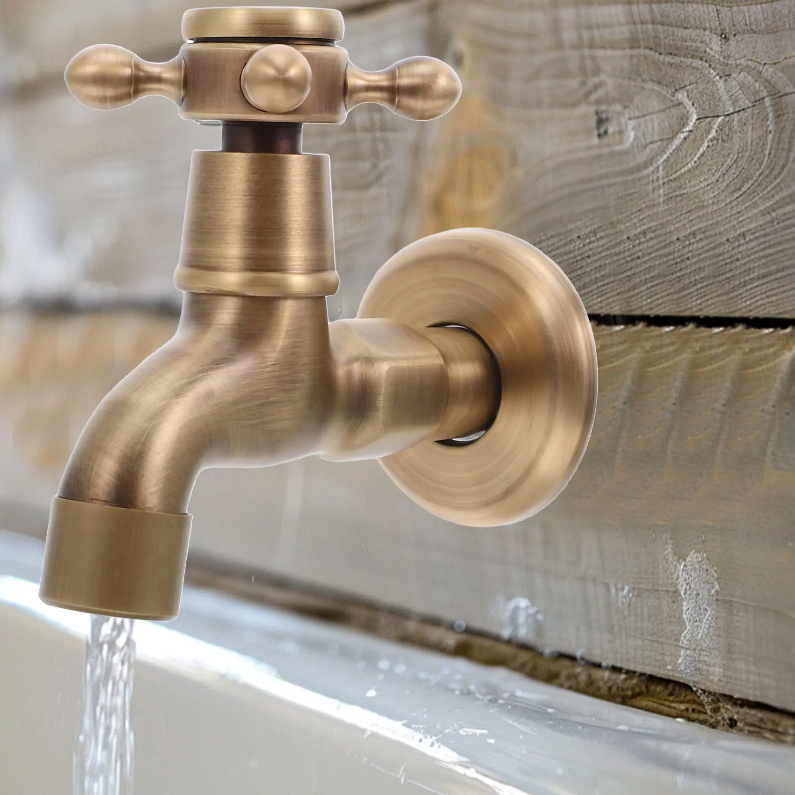 Brass Water Tap Vintage Wall Mounted Kitchen Sink Faucet Ceramic Disc Leakproof Basin Fixture