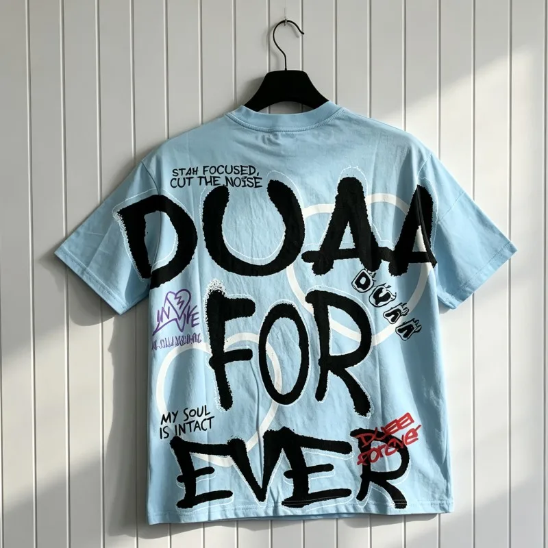 Graffiti Angel Love Print Blue DUAA Tshirts Black Hotfix Rhinestone Letter Round Neck Short Sleeve Men Women Summer Streetwear