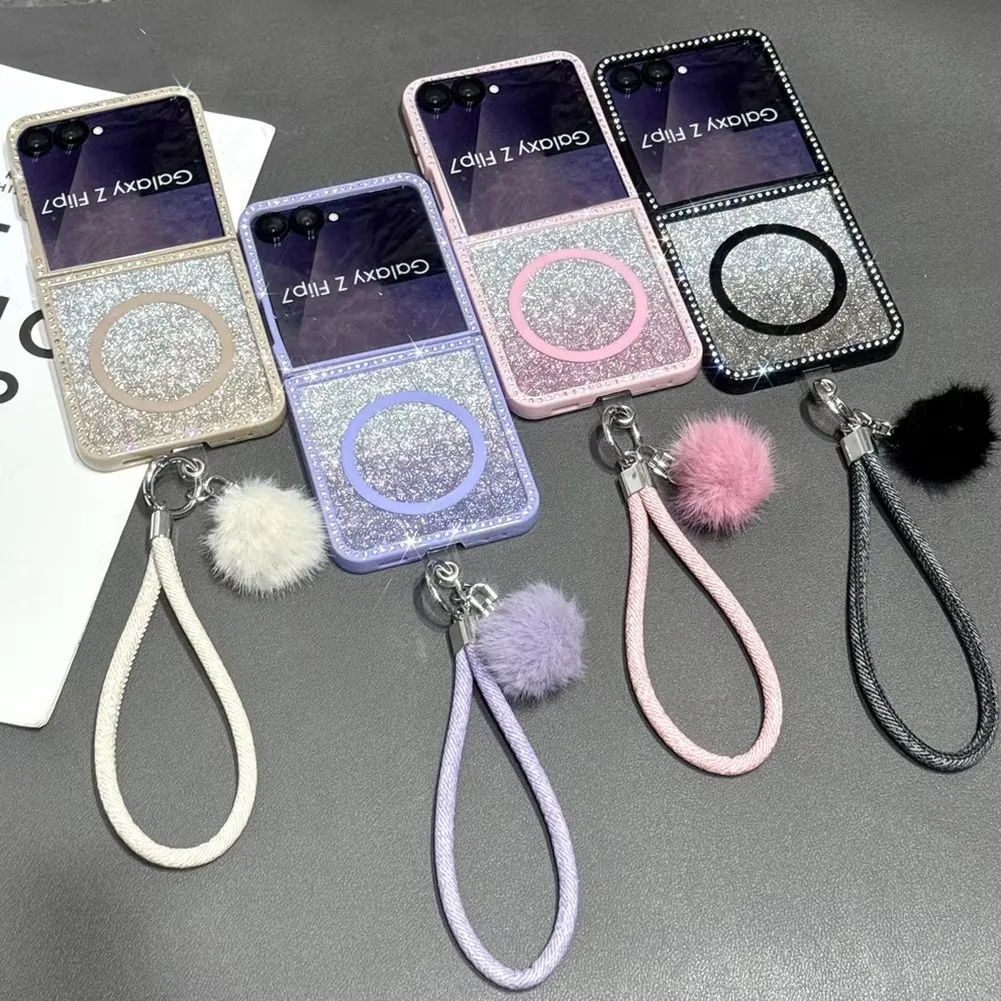 

Double-sided Rhinestone Fur Ball Bracelet Case For Samsung Z Flip 7 Flip7 FE Galaxy Z Flip 6 5 4 3 with MagSafe Ring Cover