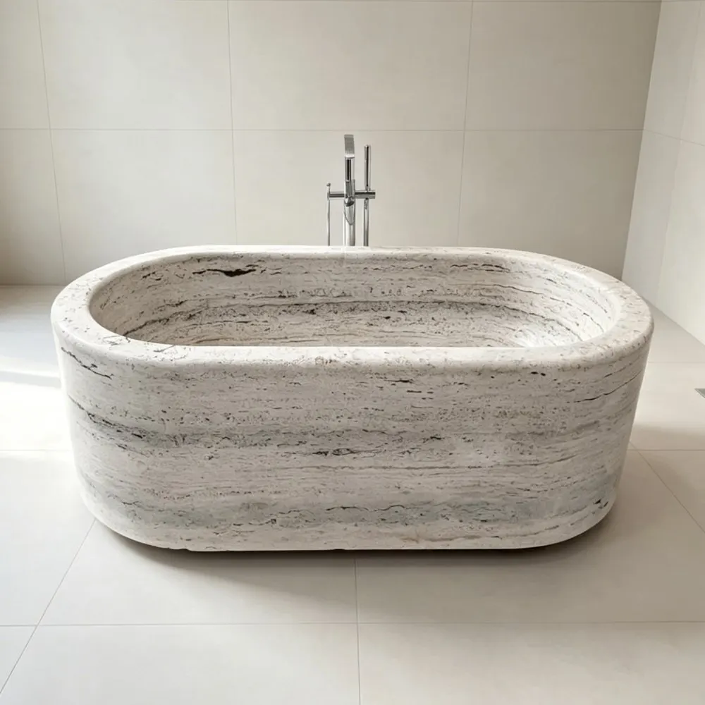 #￥Handmade Travertine Freestanding Bathtub Polished Natural Stone Soaking Tub for Bathroom Decor Modern Hotel Villa
