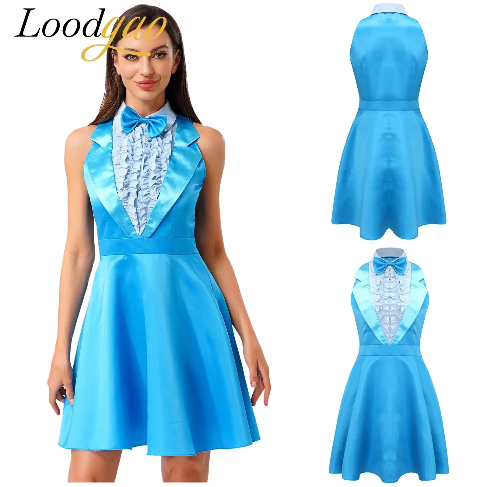 Vestido de Cosplay de Halloween para mujer, disfraz de carnaval de los años 70 y 80 para fiesta, Raves, trajes tontos, vestido acampanado sin mangas para mujer