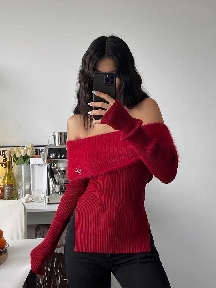 WOMENGAGA Spicy Girl Slash Neck Off Shoulder Knitted Sweater For Women Winter New Slim Top Fashion Sexy Korean Women Top B5FU