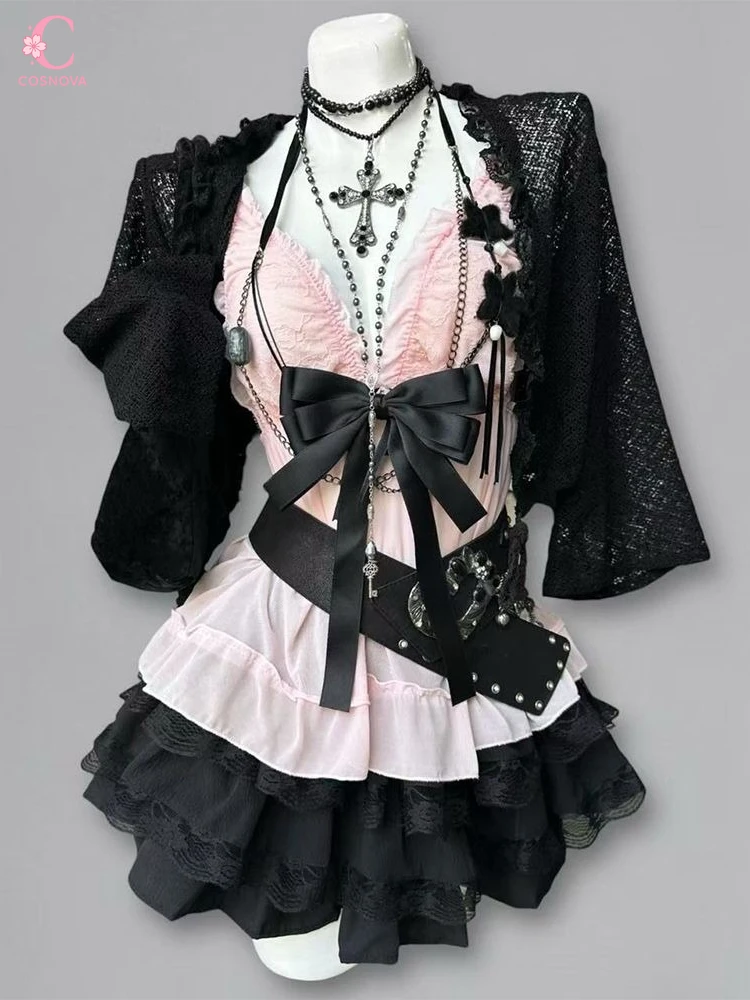 Vintage Dark Subculture Halter Lace Bow 3 Piece Set Women Pink Sling Black Cardigan Ruffle Mini Skirt Sweet Party Chic Clothes