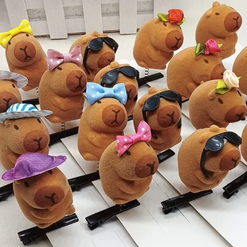 5/20pcs Kawaii Hair Clip Fashion Children Bow 3D Capybara Animal Plush Hairpin Funny Style Duckbill Clips Headdress Gifts