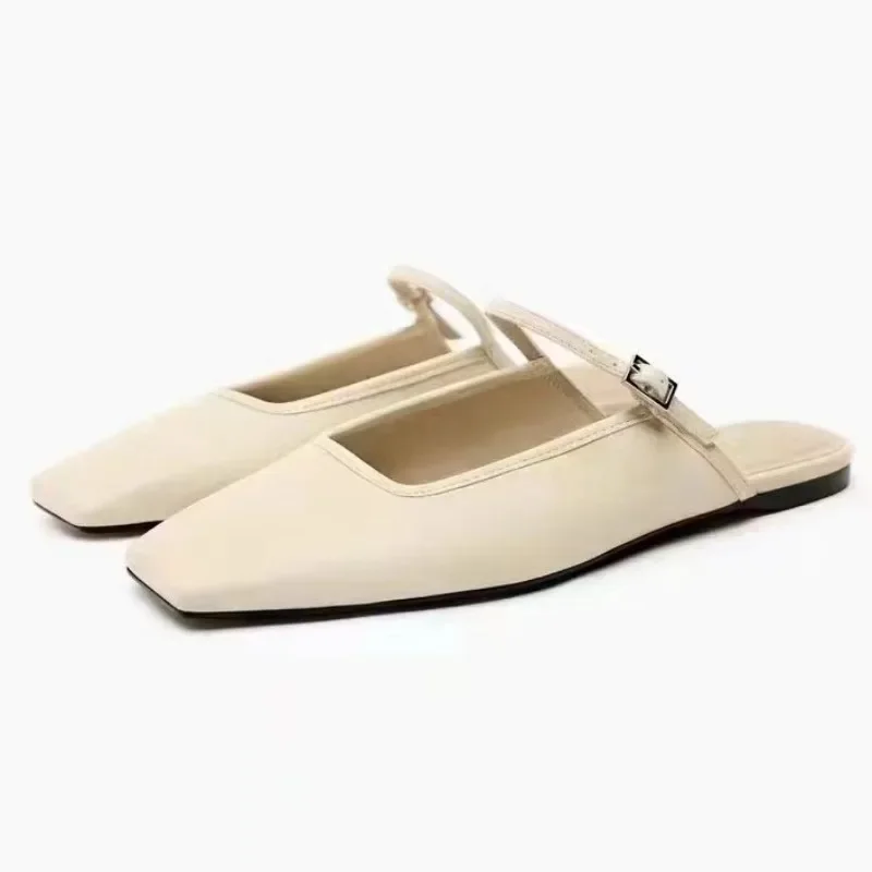 Sandalias planas informales para mujer, zapatos de lujo con punta cuadrada, calzado con talón descubierto, 2024