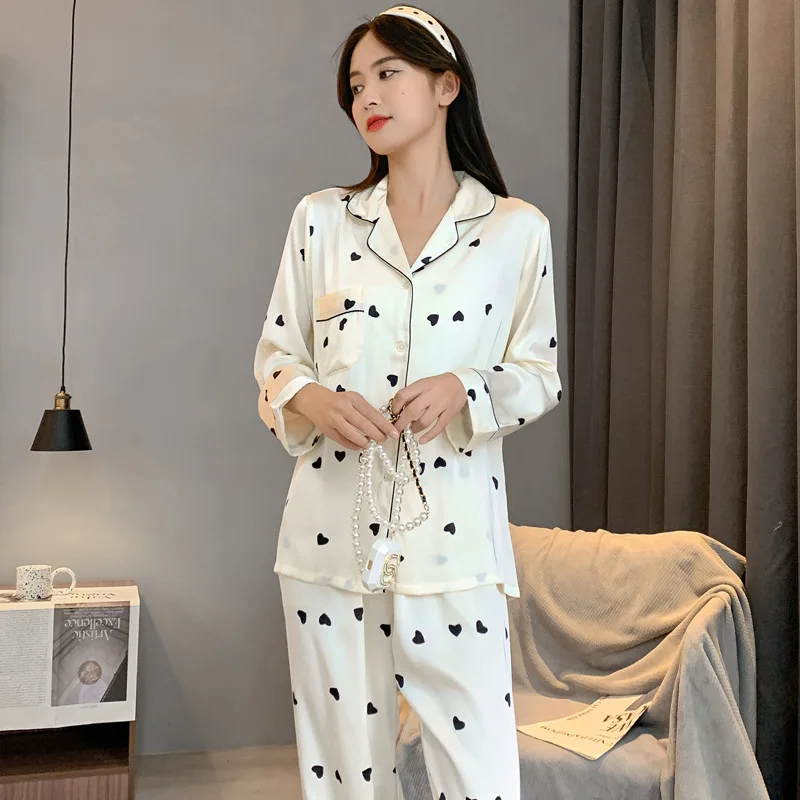 Women Spring Autumn Two Pieces Sets Pajamas Long-sleeved Trousers Lapel Cardigan Homewear Thin Loose With Dot Ice Silk Homecloth