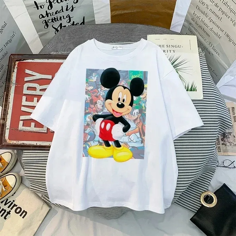 Disney Kawaii Mickey Mouse T-shirt Men\'s Cute Minnie Mouse Pattern Unisex Couple Pure Cotton T-shirt Short sleeved Top T-shirt M