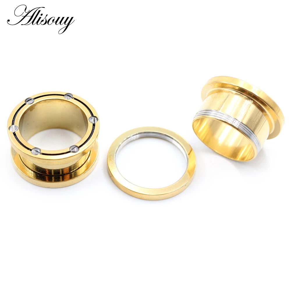 Alisouy 2PCS 8mm-25mm Gold Color Pulley Stainless Steel Ear Tunnels Plug Expander Stretcher Gauge Earrings Piercing Body Jewelry