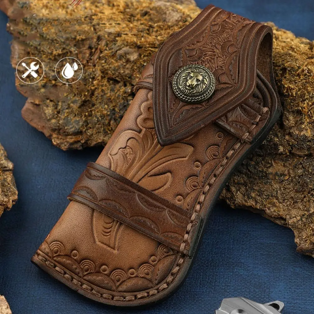 Brown Fold Knife Outdoor Carry Bag Leather Sheath Flashlight Belt Loop Two Layer Cowhide Pocket Hunt Holder